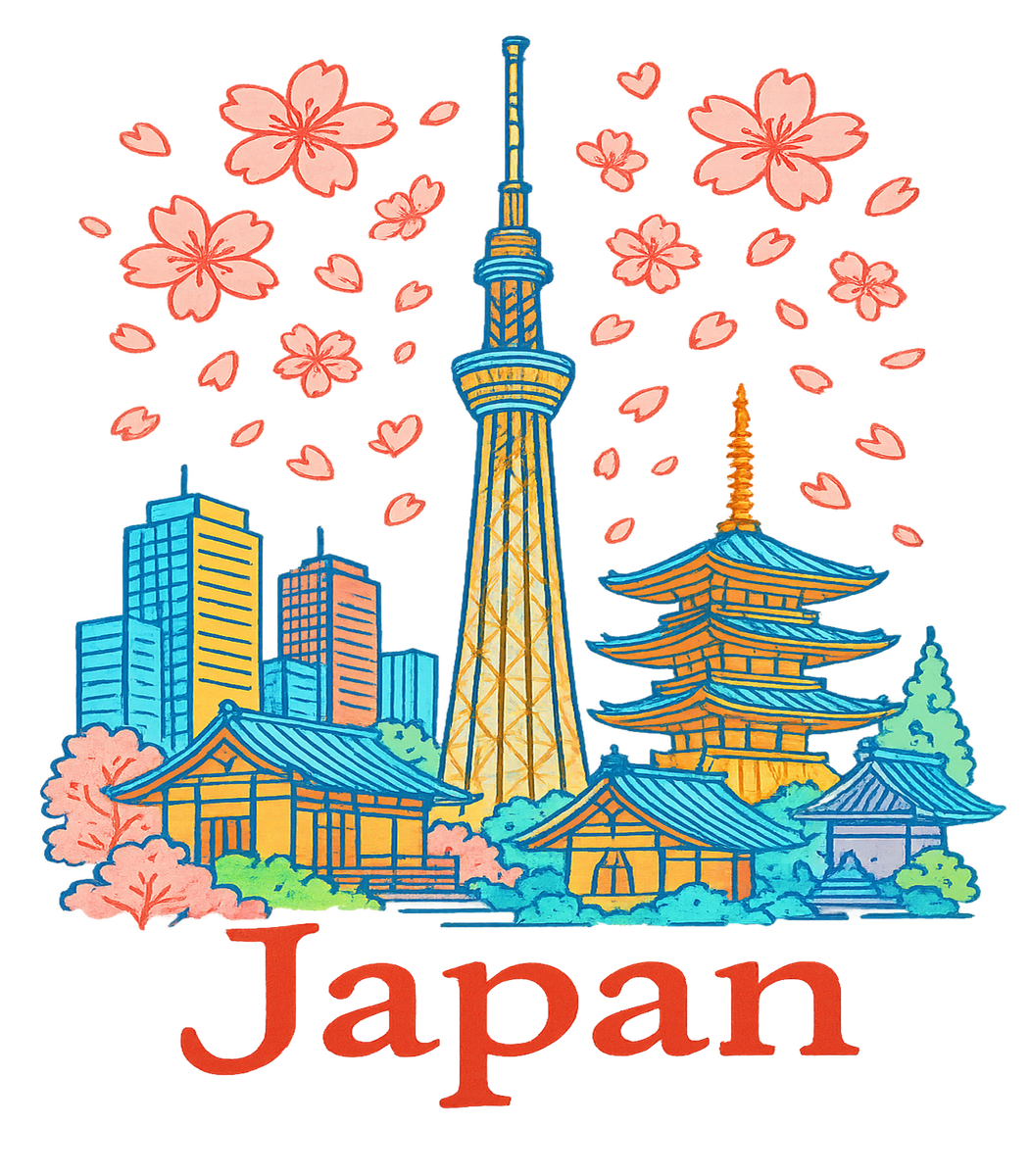 桜と日本のスカイタワー ユニセックスTシャツ — 前面