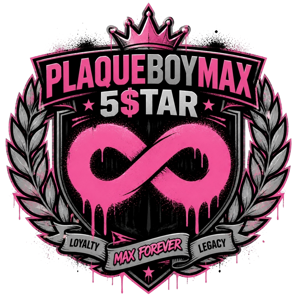 Plaqueboymax "s original colors of pink, black, and gray. Add text: " Poster