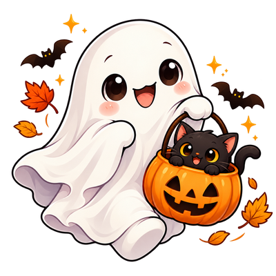 Ghost with pumpkin kitten