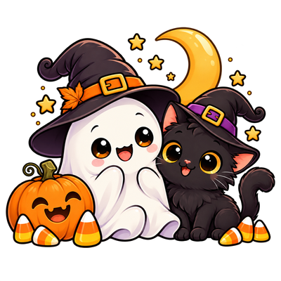 Ghost and kitten in witch hats